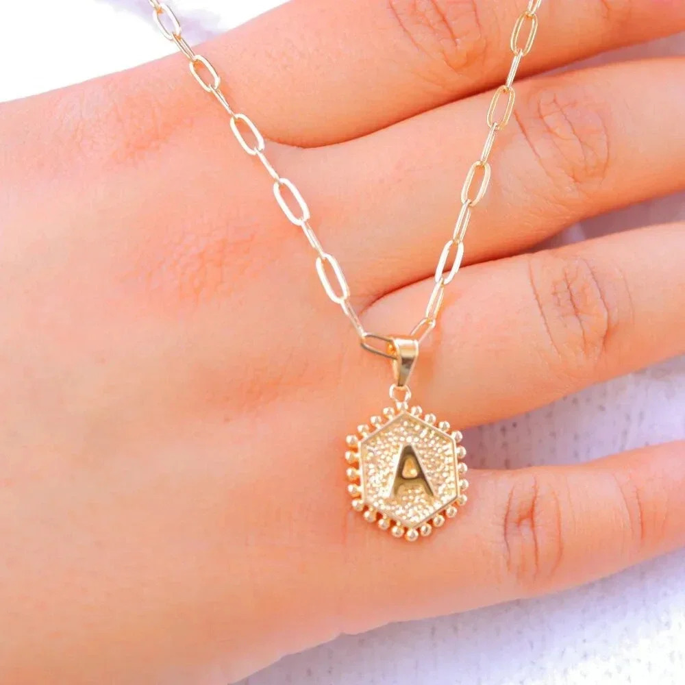 2 LAYER GOLD LETTER INITIAL COIN HEXAGONAL PENDANT  DAINTY NECKLACE, ELDM22335